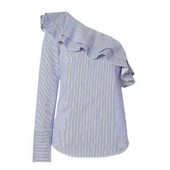 NEW Banana Republic Womens One Shoulder Ruffle Striped Blouse Blue Size Small - Picture 9 of 9